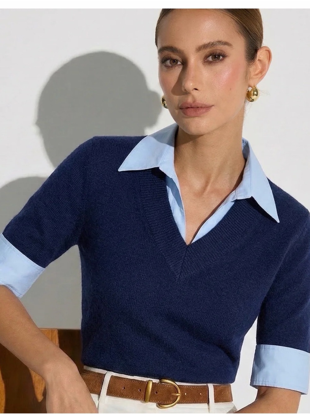 Commense Navy V-Neck Short Sleeve Sweater